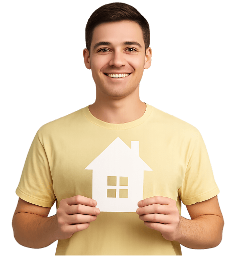 Men with a small house